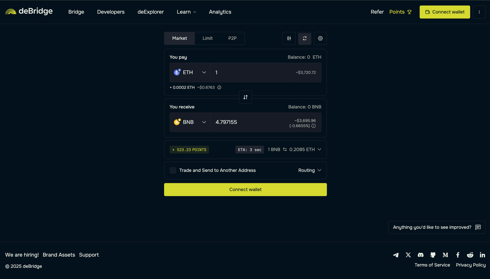 Conversion of 1 ETH into BNB on the UI