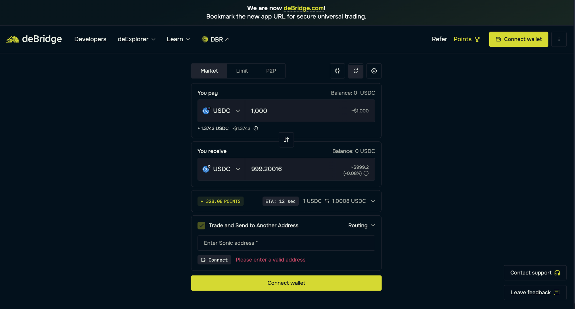 Quote for 1000 USDC bridging from Solana to Sonic