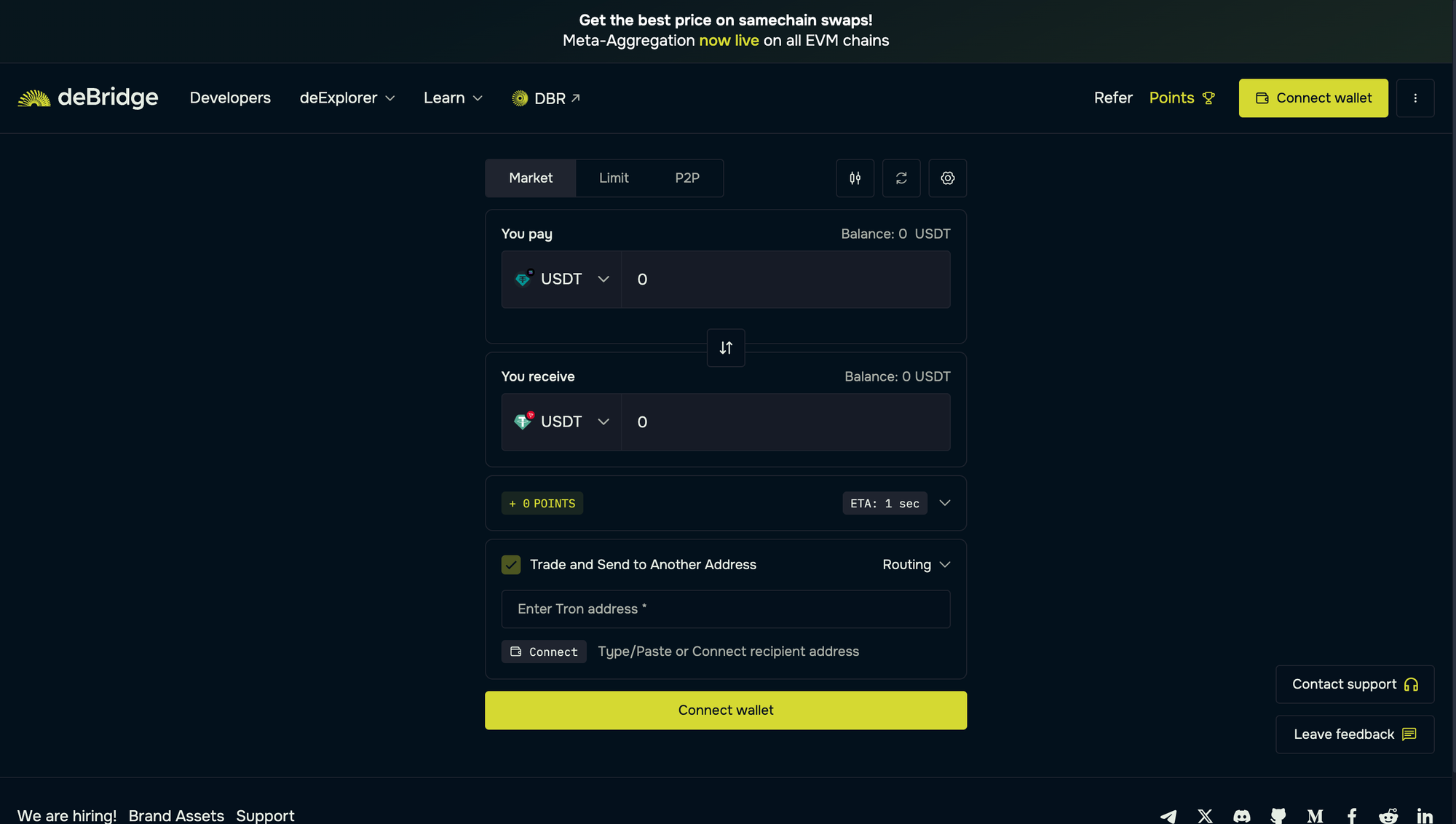 deBridge UI for Solana to Tron swap