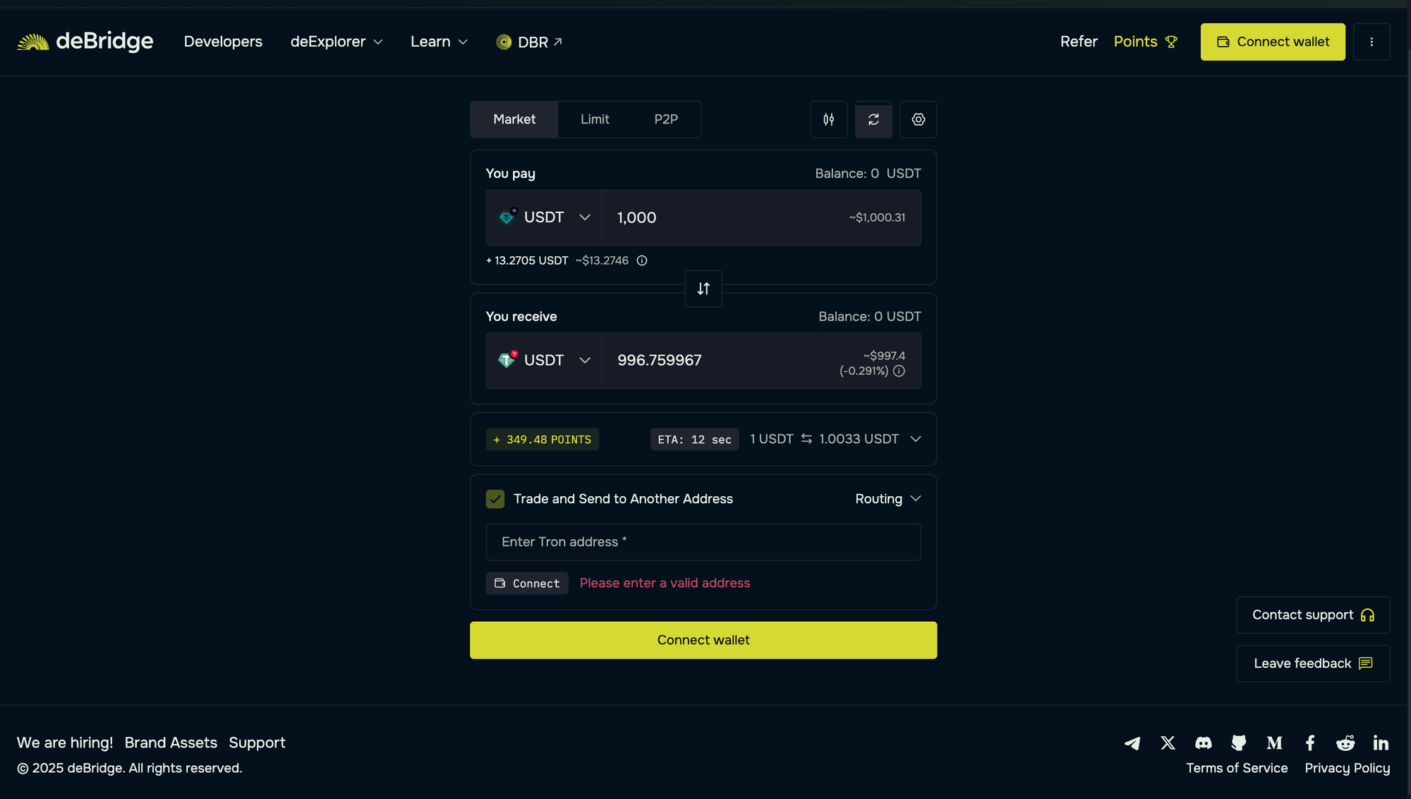 The quote for moving 1000 USDT on Solana to Tron