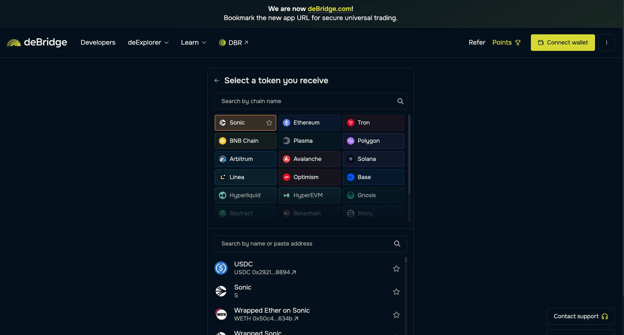 Select Sonic asset to receive