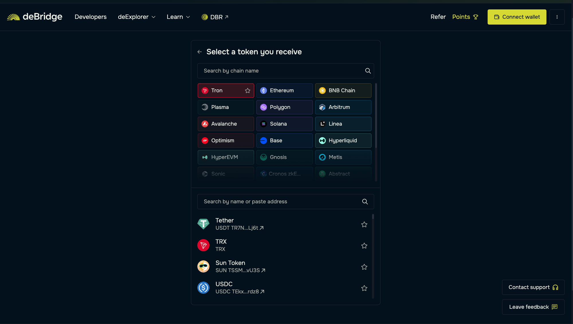Select the asset you'd like to receive on Tron blockchain