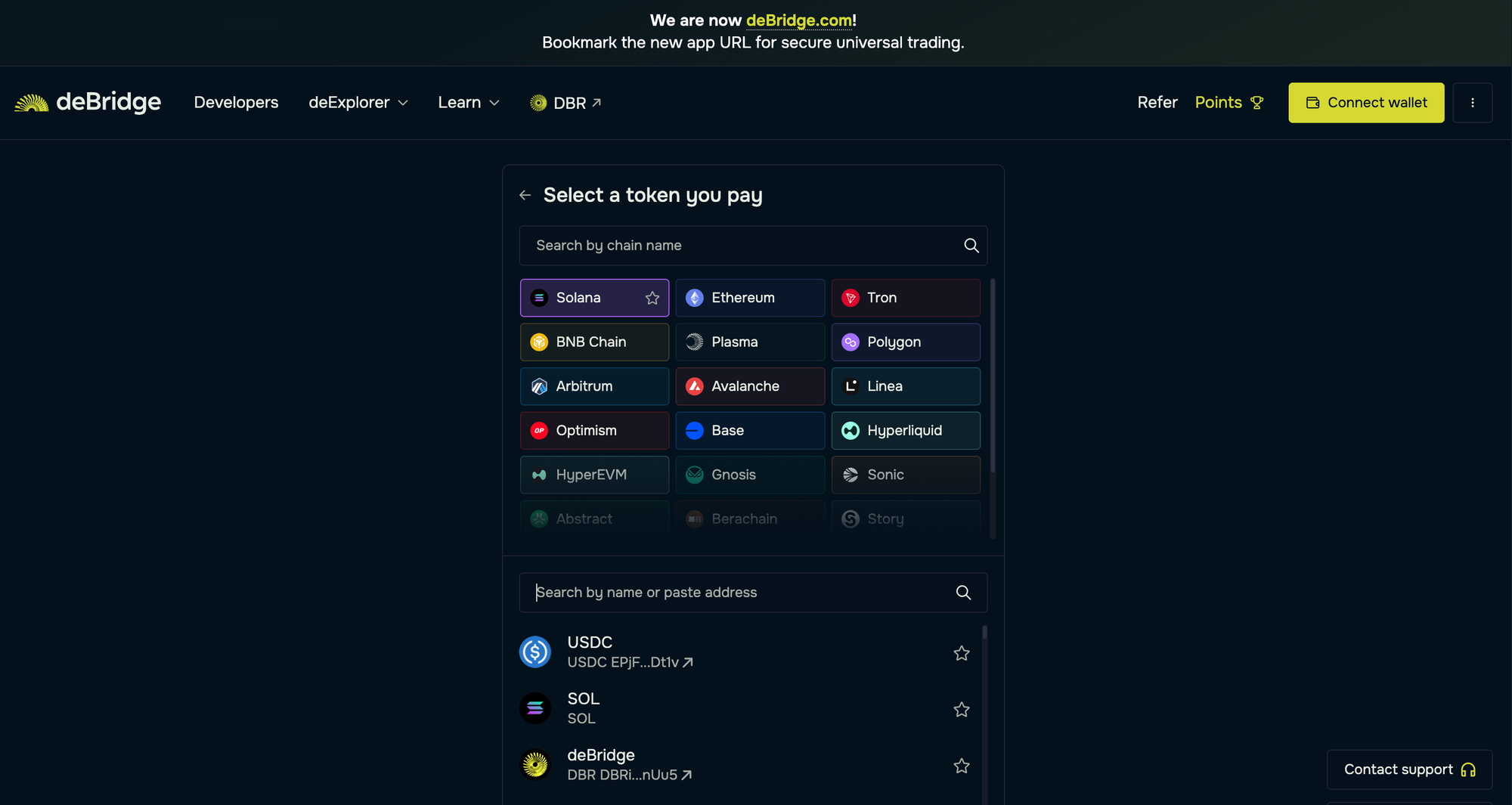 Select asset on Solana chain