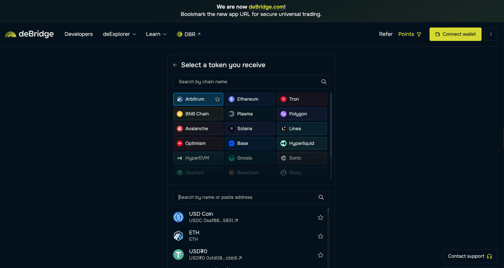 Select asset to receive on Arbitrum chain