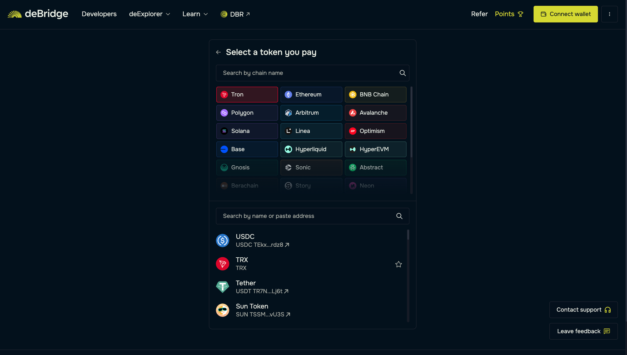 Selecting TRX on the source chain