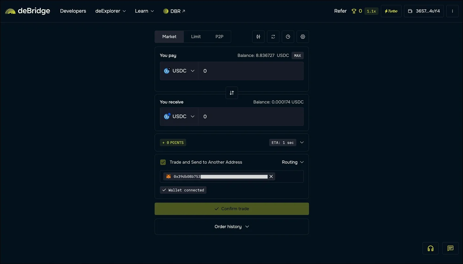 deBridge UI with wallet connected