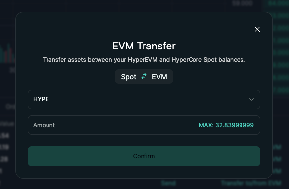 Hyperliquid UI for HYPE transfer